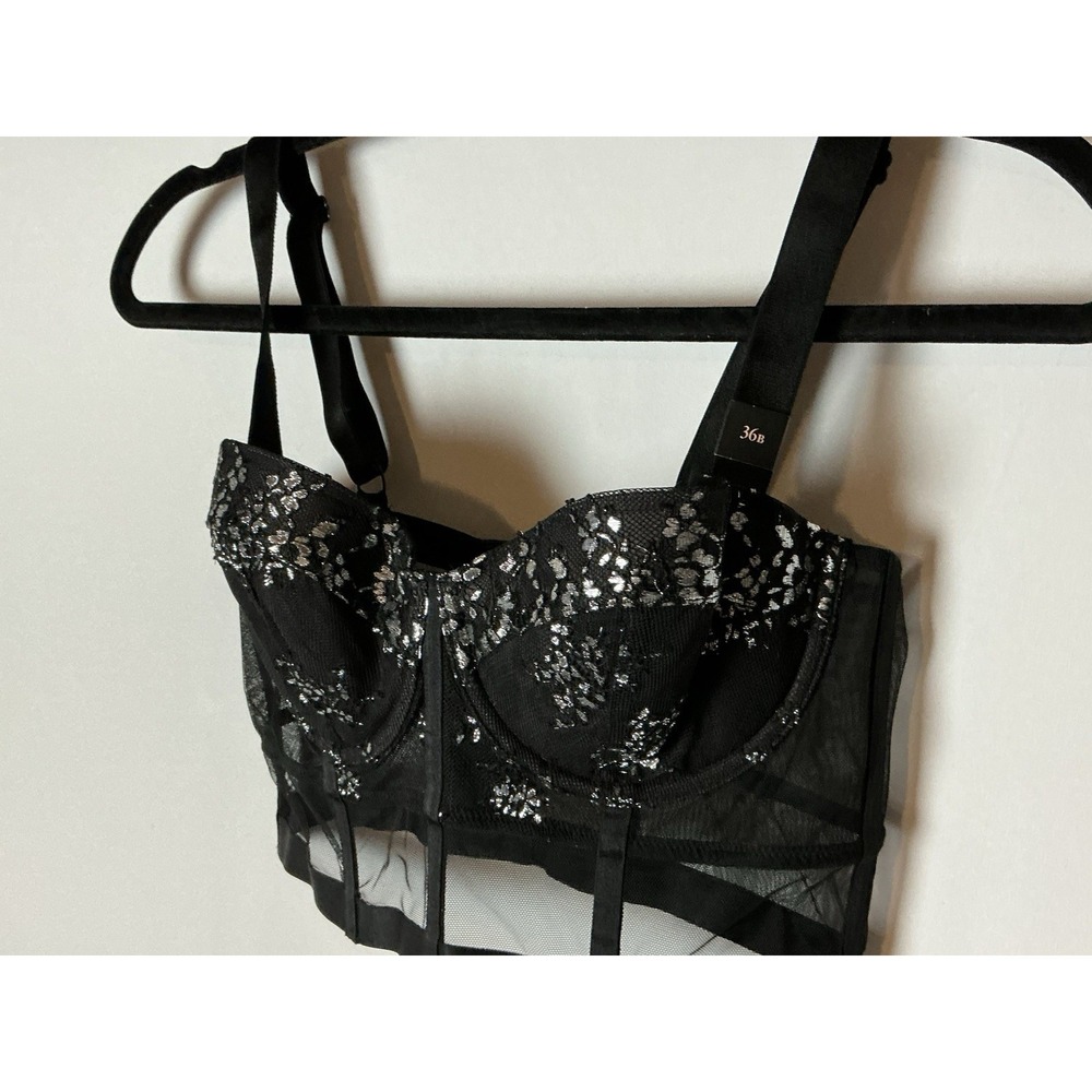 Victorias Secret Very Sexy Lined Balconet Bra 36B Longline Black Lace Silver NWT